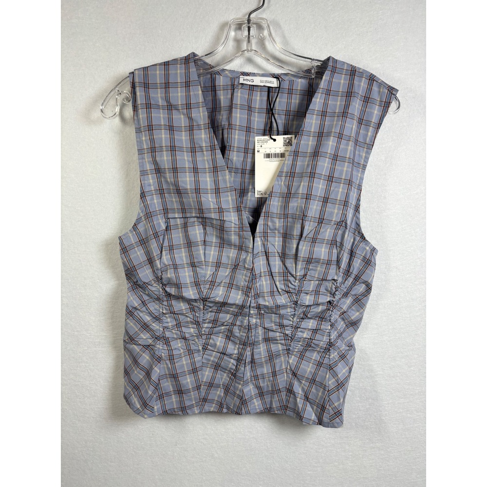 Mango MNG Blusa Cumin Plaid Ruched Top Womens M US 6 Blue V Neck NWT